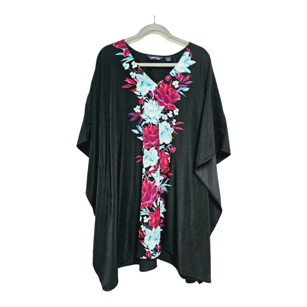 Land's End black Hawaiian floral swim suit cover caftan 18 xl